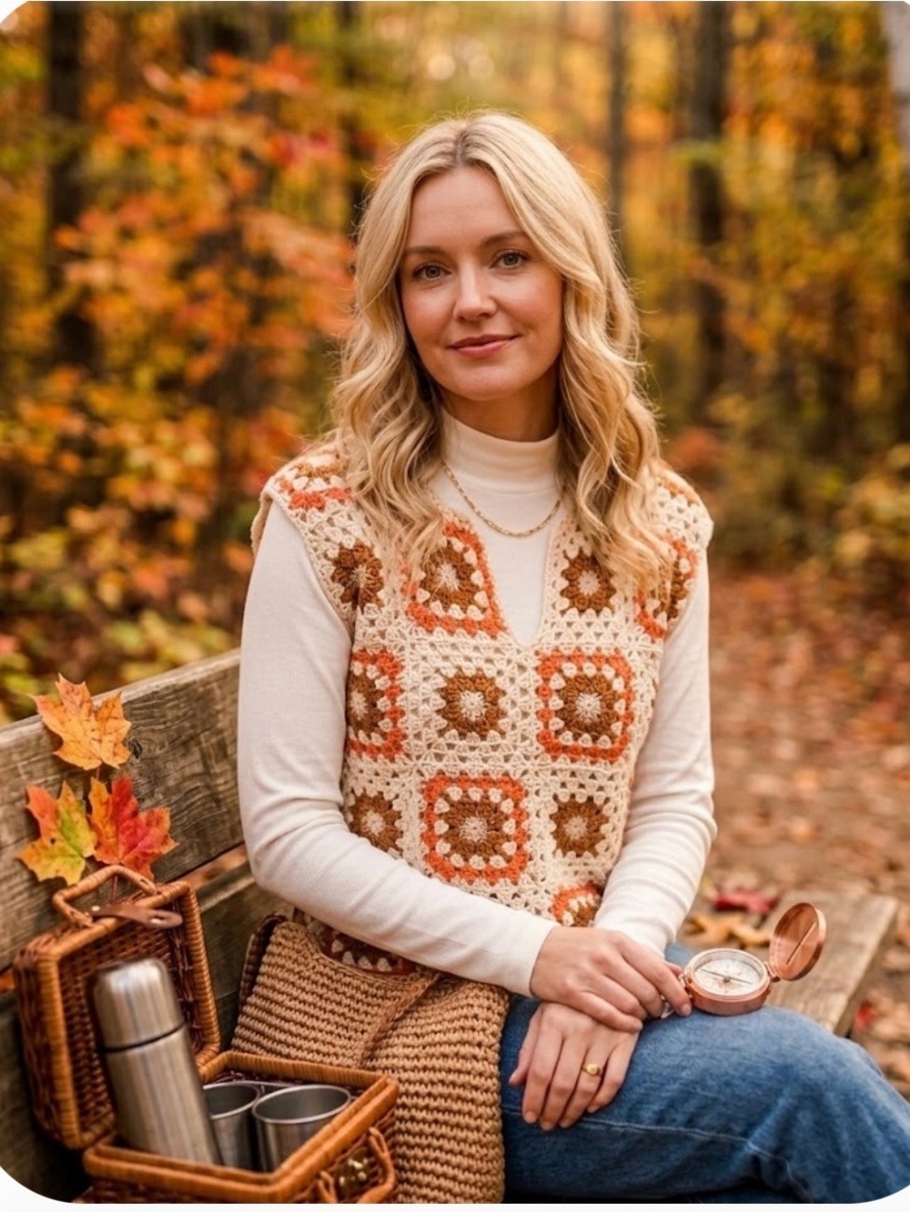 Cream Crocheted V-Neck Vest with Orange & Brown Accents